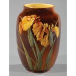 Choisy-Le-Roi Majolica Vase , marked, brown yellow glaze, iris decoration, h. 8 in.; together with