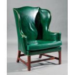 Georgian-Style Leather Wing Chair , brass nailhead trim, chamfered legs , h. 43 1/2 in., w. 34 1/2