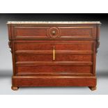 Continental Burlwood Secretaire Commode , late 19th c., gray shaped marble top, fitted secretary