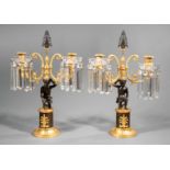 Pair of Neoclassical-Style Gilt and Patinated Bronze Two-Light Candelabra , each opposing Grecian