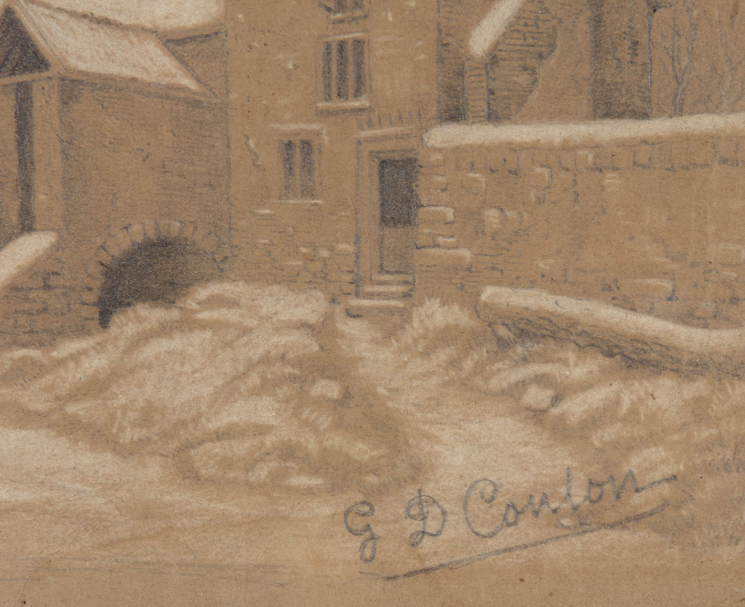 George David Coulon (French/New Orleans, 1822-1904) , "Winter Scene", pencil and crayon on paper, - Image 2 of 3