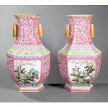 Pair of Chinese Famille Rose Porcelain Hexagonal Vases , 20th c., decorated with bird and flower