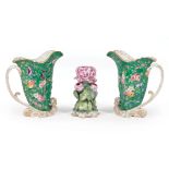 Pair of Jacob Petit, Paris Porcelain Pitchers , mid-19th c., marked "J.P." with floral sprays on