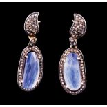 Pair of Silver, Sapphire and Diamond Earrings with Gold Accents , 2 cabochon sapphires, each approx.