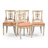 Four Directoire-Style Painted and Parcel Gilt Side Chairs , crest rail and pierced back with urn and