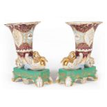 Pair of Continental Polychrome and Gilt Porcelain Rhyton Vases , late 19th/early 20th c., upper