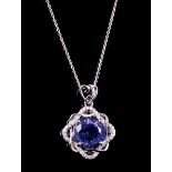 Platinum, Tanzanite and Diamond Pendant with Platinum Chain , prong set round modified brilliant cut