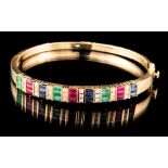 14 kt. Yellow Gold, Emerald, Ruby, Blue Sapphire and Diamond Bangle Bracelet , 9 each channel set,