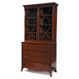 George III Carved and Inlaid Mahogany Secretary Bookcase , c. 1800 and later, later cornice,