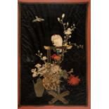 Asian Embroidered Black Silk Panel , worked in satin stitch and couched gold threads with a bird