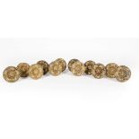 Twelve Antique American Cast Brass Tie Backs , rosette design, dia. 3 1/2 in . Provenance: Schwitz