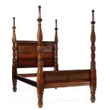 West Indian Carved Mahogany Poster Bed , spiral-turned and pineapple carved posts, diagonally reeded