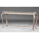 Continental Patinated Wrought Iron Console Table , early 20th c., inset glass top above sections