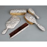 Antique American Sterling Silver Floral Repousse Dresser Set , associated, incl. hand mirror (mark
