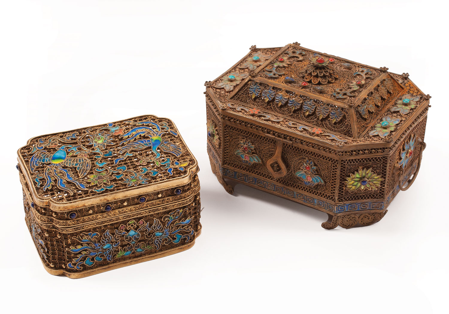 Two Asian Gem and Enamel Embellished Gilt Filigree Dresser Boxes , h. 3 1/4 in., w. 5 in., d. 3 3/