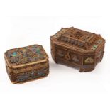 Two Asian Gem and Enamel Embellished Gilt Filigree Dresser Boxes , h. 3 1/4 in., w. 5 in., d. 3 3/