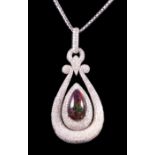 14 kt. White Gold, Black Opal and Diamond Pendant with 14 kt. White Gold Chain , prong set pear