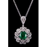 18 kt. White Gold, Emerald and Diamond Pendant with 14 kt. White Gold Chain , prong set square