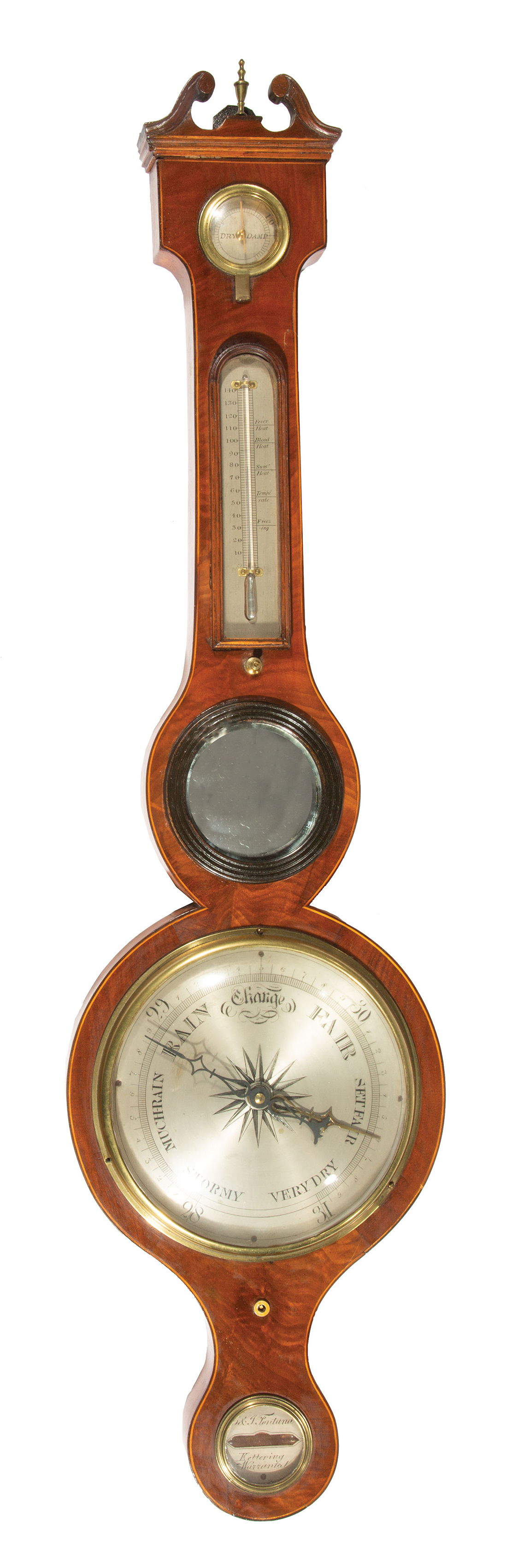 George III Inlaid Mahogany Barometer , early 19th c., signed "Fontana/ Kettering/ Warranted", fitted