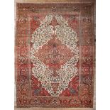 Persian Carpet , red and white ground, central medallion, foliate design in green, blue, red and