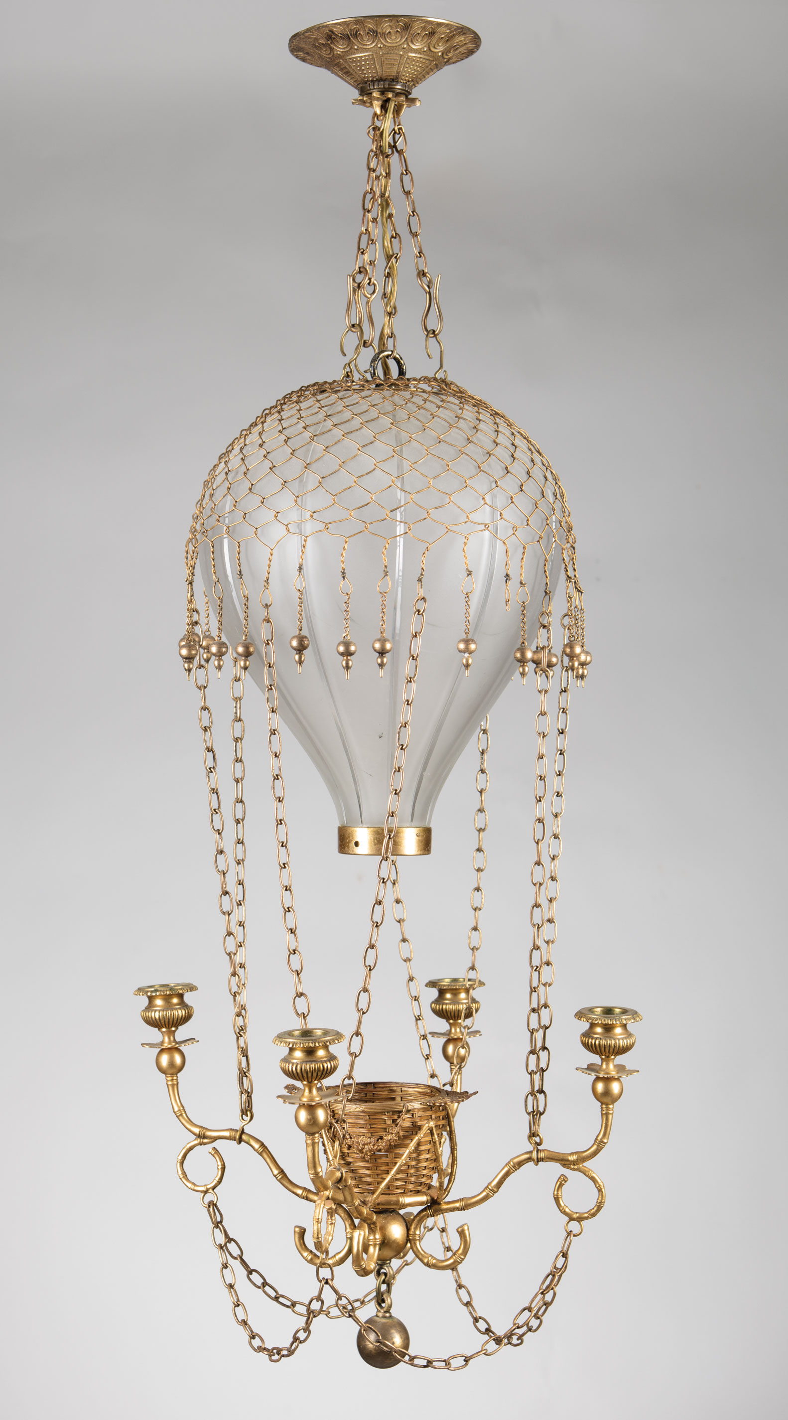 French Gilt Bronze and Etched Glass "Montgolfier" Hall Lamp , c. 1900, hot-air balloon shade,