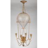 French Gilt Bronze and Etched Glass "Montgolfier" Hall Lamp , c. 1900, hot-air balloon shade,