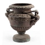 Continental Patinated Bronze Garden Urn , 20th c., entwined serpent handles , h. 34 in., w. 32