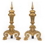 Pair of Antique Continental Gilt Bronze Lamps , fashioned from chenets, mask and scroll design,