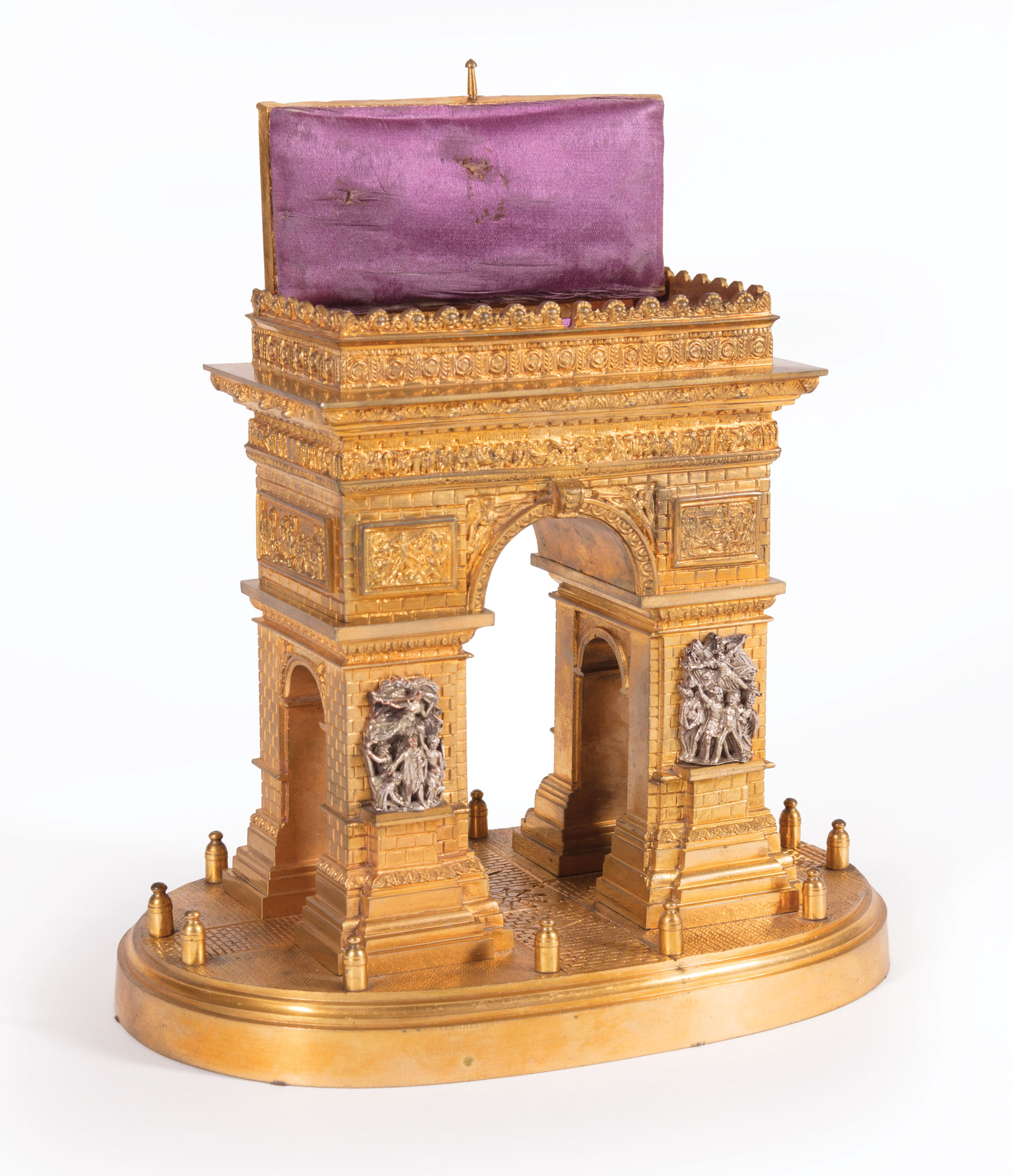 French Grand Tour Gilt Bronze Model of the Arc de Triomphe , mid-19th c., pediment with concealed - Image 2 of 5