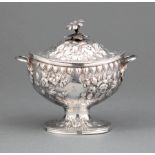 S. Kirk & Sons Coin Silver Repoussé Covered Sugar Bowl , 11 oz. mark, c. 1861-1868, urn-form,