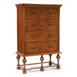 William and Mary-Style Walnut Chest-on-Stand , 20th c., labeled "Maurin Adams", stepped cornice,