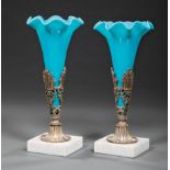Pair of Victorian Silvered Metal, Marble and Blue Opaline Glass Trumpet Vases , mid-19th c., h. 11