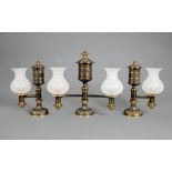 English Gilt and Patinated Bronze Three-Piece Argand Lamp Garniture , 19th c., Messenger & Sons,