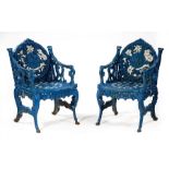 Pair of Cast Iron "Four Seasons" Garden Armchairs , h. 37 in., w. 24 in., d. 27 in