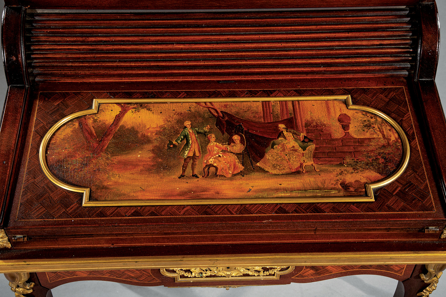 Louis XVI-Style Bronze-Mounted, Painted, Parquetry and Marquetry Escritoire , galleried fitted - Image 3 of 3