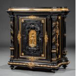 Napoleon III Carved, Parcel Gilt, Bronze-Mounted, Inlaid and Ebonized Parlour Cabinet , late 19th