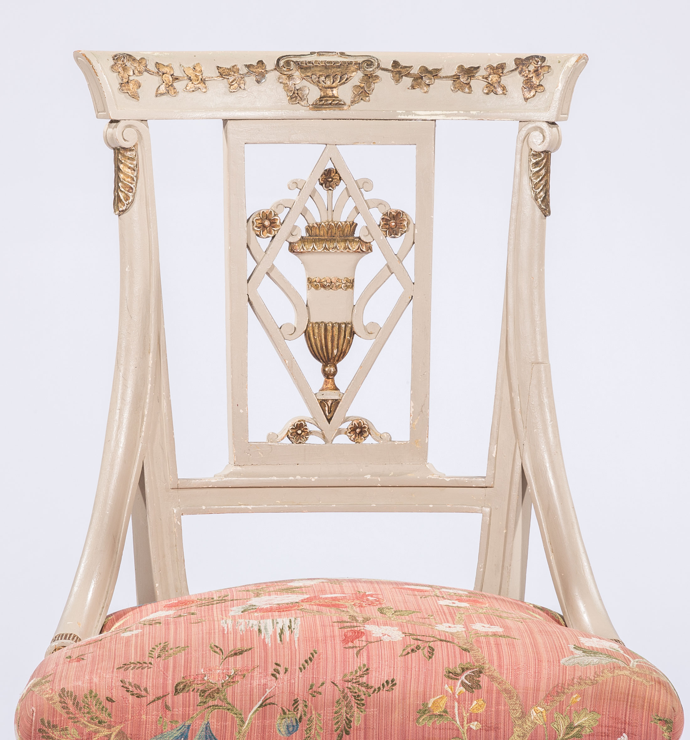 Four Directoire-Style Painted and Parcel Gilt Side Chairs , crest rail and pierced back with urn and - Image 3 of 3