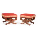 Pair of American Classical Carved Mahogany Tabourets , c. 1835, upholstered seat, foliate scrolled
