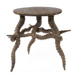 African Brass-Mounted Kudu Horn and Wood Tripod Stool or Drinks Table , h. 14 3/4 in., w. 16 1/2
