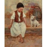 Géza Peske (Hungarian, 1859-1934) , "Young Boy with Puppy", oil on canvas, signed lower right, 39