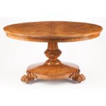 William IV-Style Burl Wood Tilt-Top Breakfast Table , molded circular top, fluted vasiform standard,