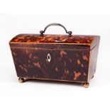 English Tortoiseshell Tea Caddy , 19th c., bail handle, domed top, tapered sides, interior fitted