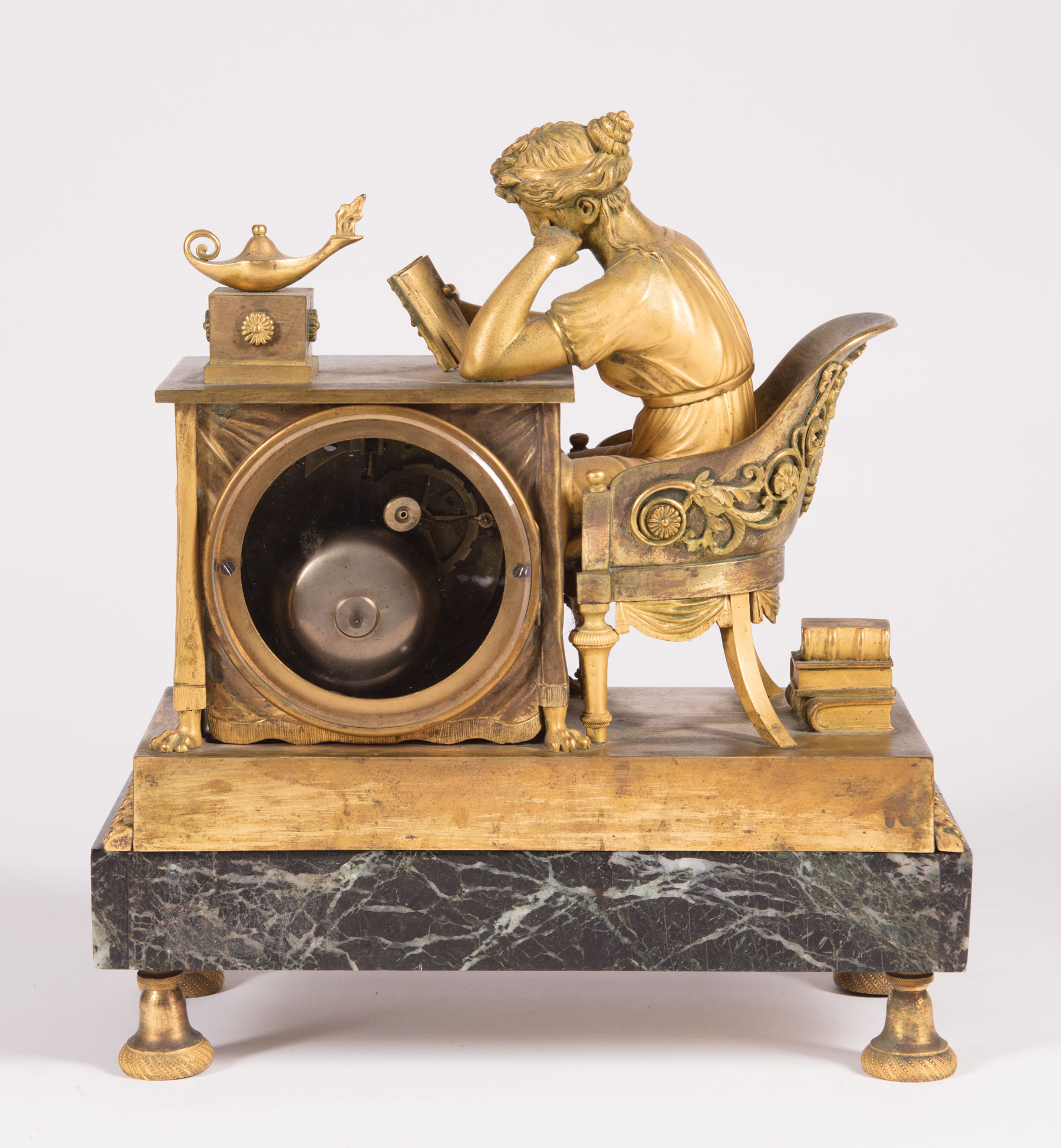 Empire Gilt Bronze and Verde Antico Marble "La Liseuse" Mantel Clock , c. 1815, engine-turned dial - Image 4 of 4