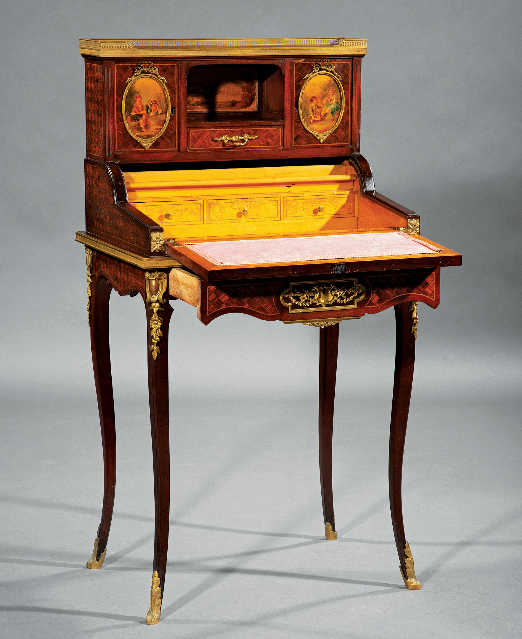 Louis XVI-Style Bronze-Mounted, Painted, Parquetry and Marquetry Escritoire , galleried fitted - Image 2 of 3