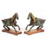 Pair of Chinese Cloisonné Enamel Horses , caparisoned figures modeled in mirror image in galloping