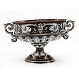 French Enamel Footed Bowl , 19th c., scroll handles, anthropomorphic frieze, splayed stem foot,