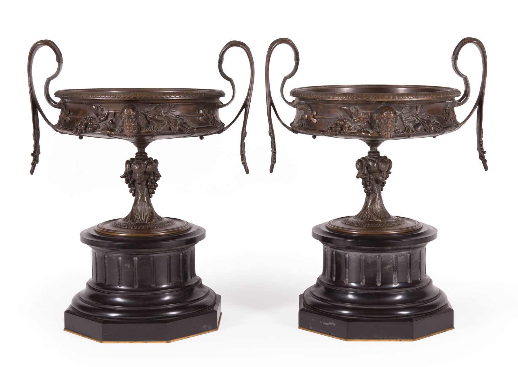 Pair of Empire-Style Bronze and Marble Tazzas , 19th c., marked "F. BARBEDIENNE", on octagonal