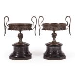Pair of Empire-Style Bronze and Marble Tazzas , 19th c., marked "F. BARBEDIENNE", on octagonal