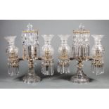 Pair of English Cut Crystal and Bronze Two-Arm Argand Lamps , c. 1835, faceted and lobed font and