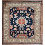 Persian Serapi Carpet , dark blue ground, light brown border, stylized floral design, 7 ft. 2 in.